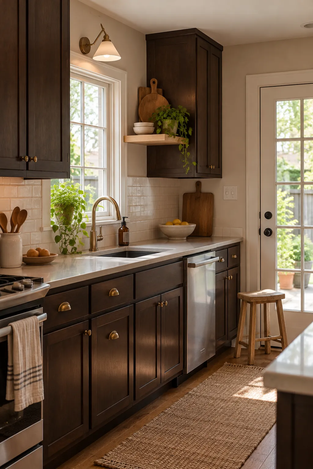 use an open shelf sparingly in a cozy dark cabinet kitchen