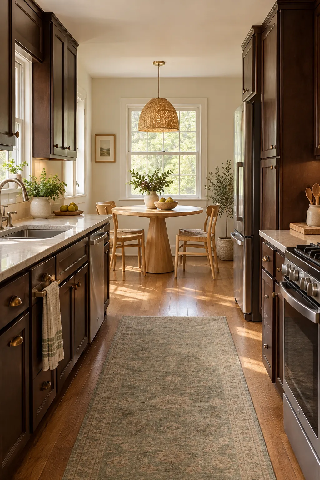 add a light breakfast table in a cozy dark cabinet kitchen