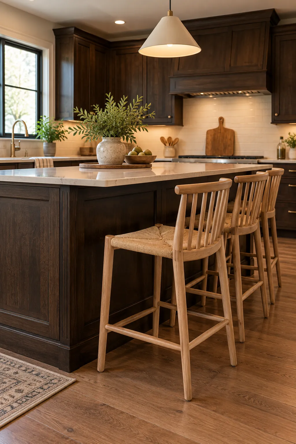 replace heavy counter stools in a cozy dark cabinet kitchen