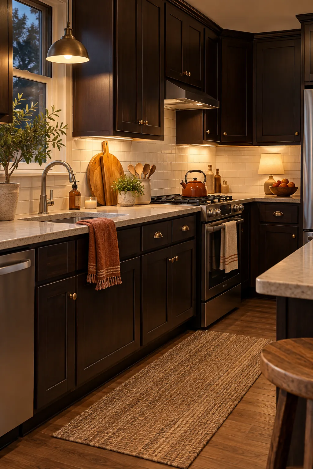 use one warm accent color in a cozy dark cabinet kitchen
