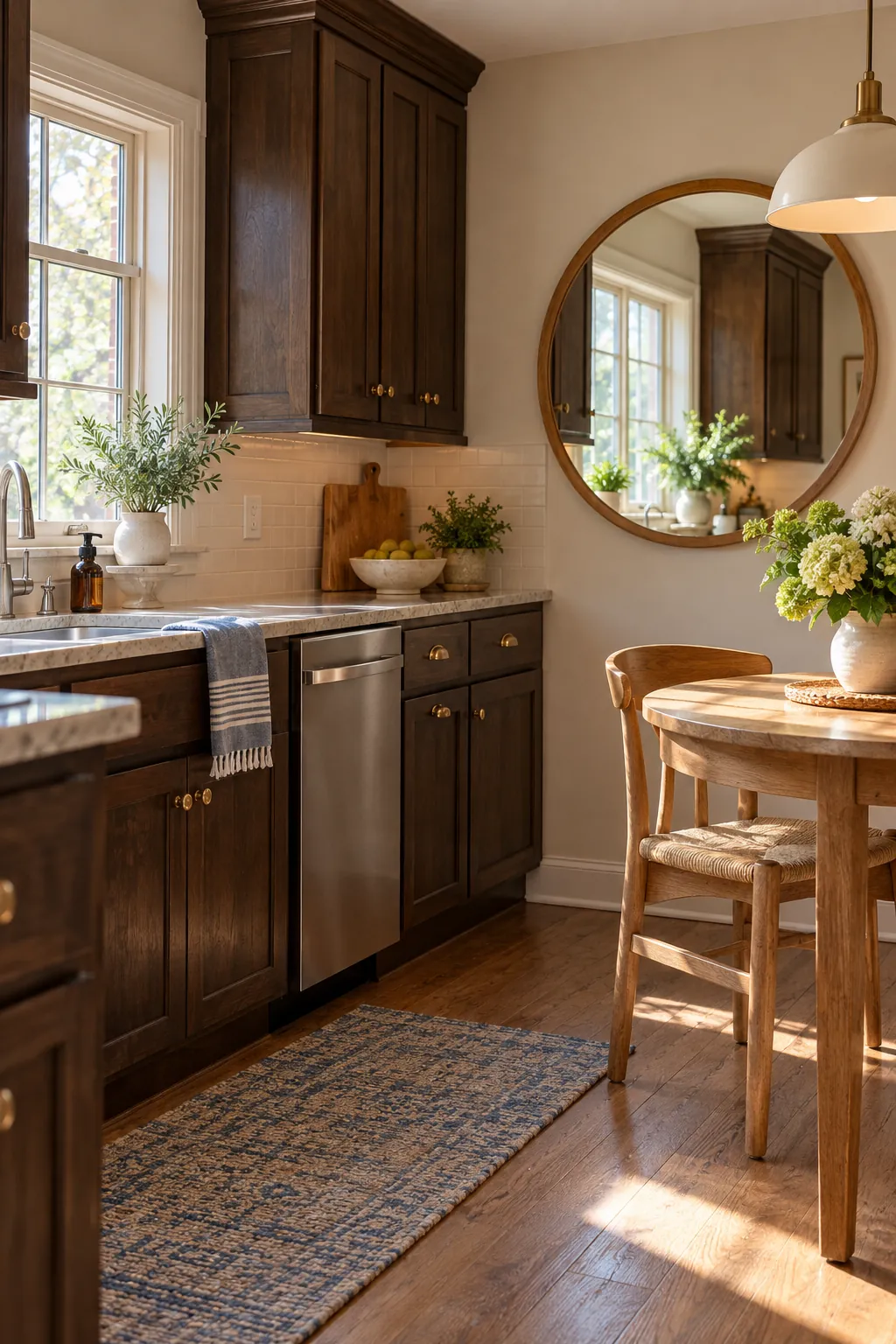 reflect light with a simple mirror in a cozy dark cabinet kitchen