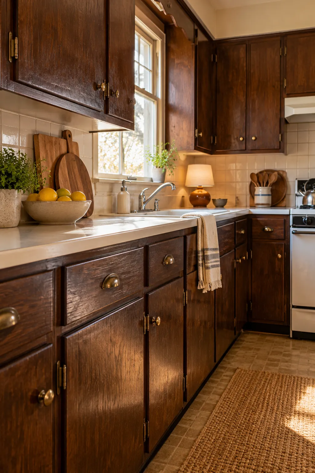 clean and condition real wood in a cozy dark cabinet kitchen