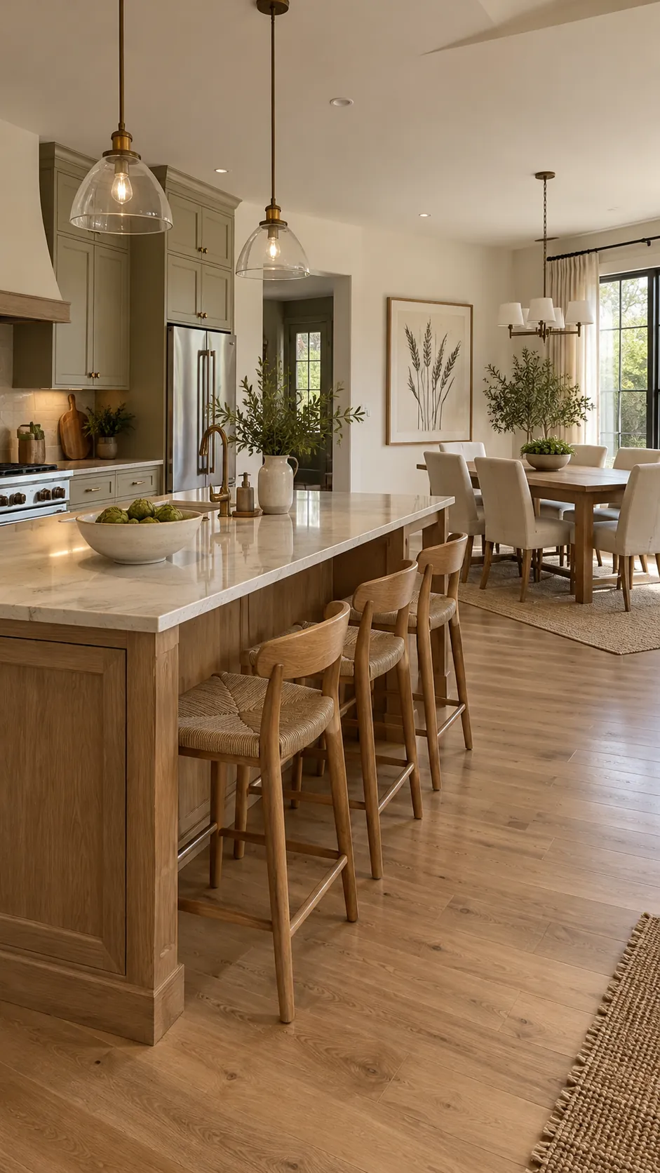 repeat one material across both zones in a connected kitchen and dining room