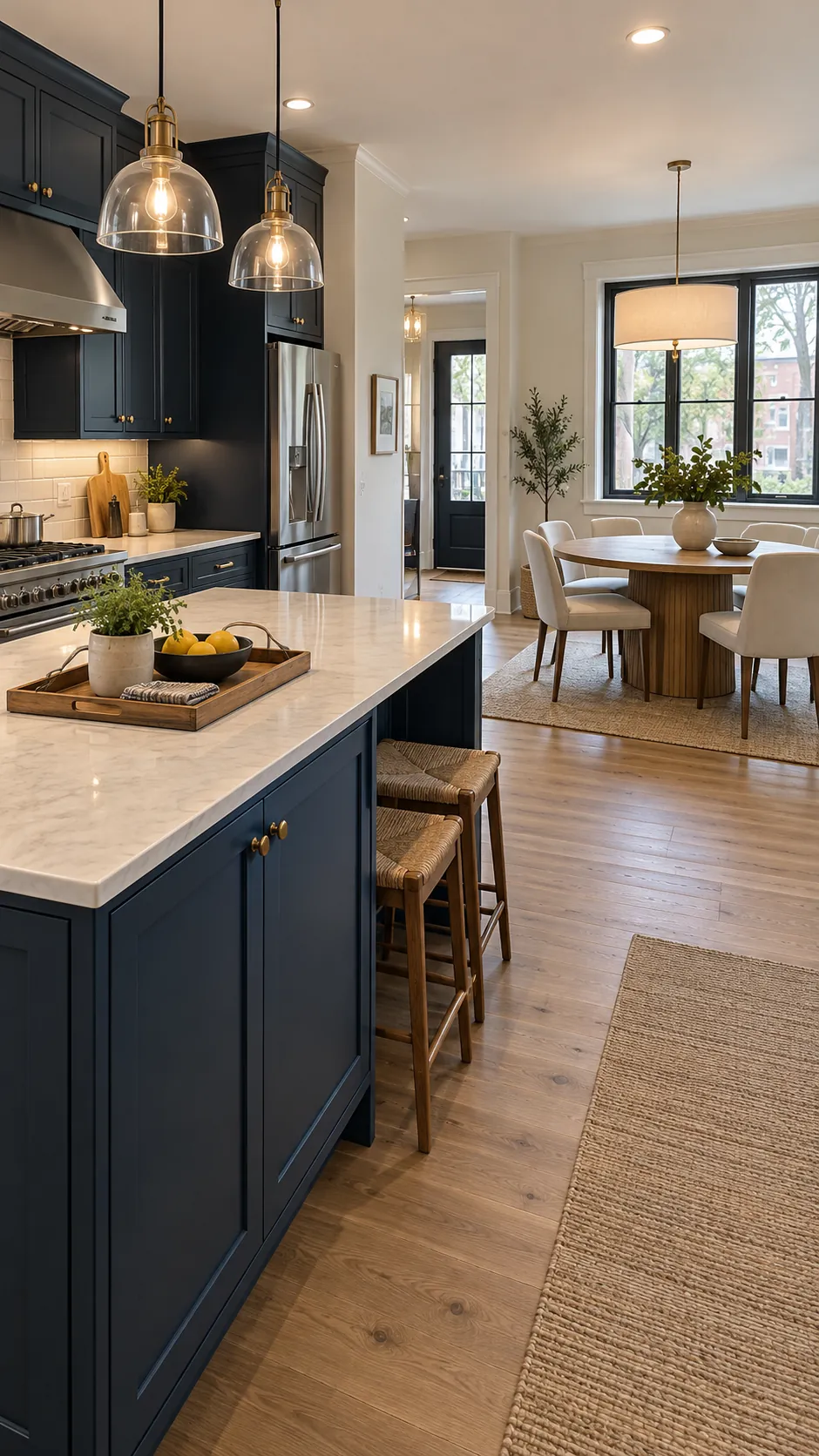 keep the main walking route clear in a connected kitchen and dining room