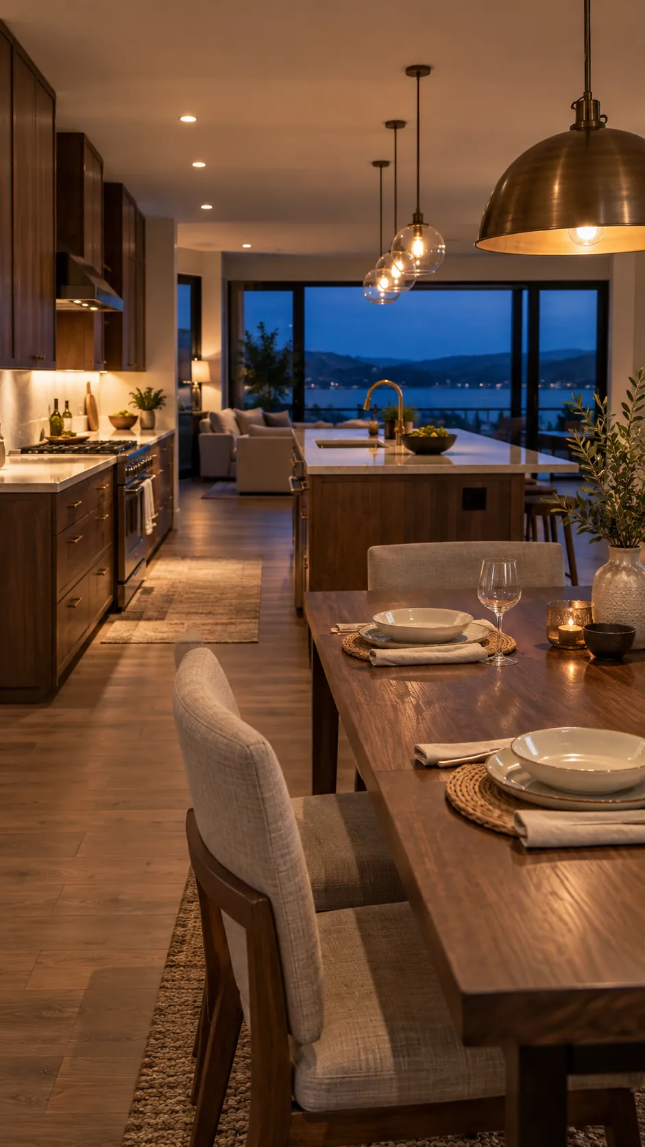let lighting mark each task in a connected kitchen and dining room