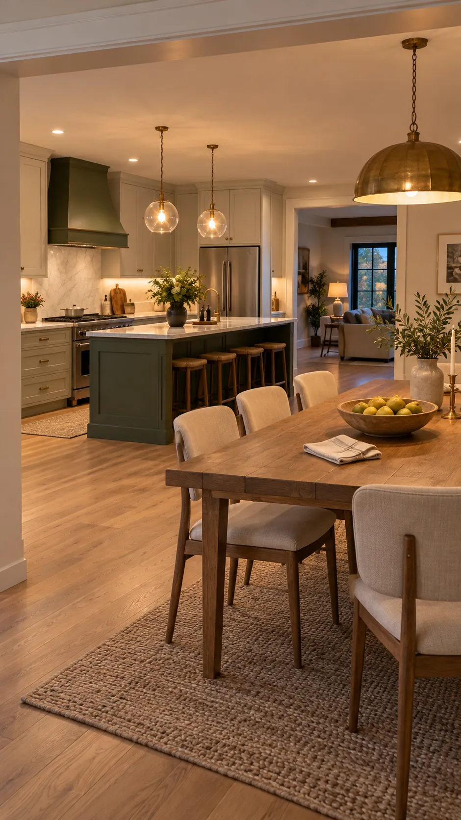 edit both zones as one final composition in a connected kitchen and dining room