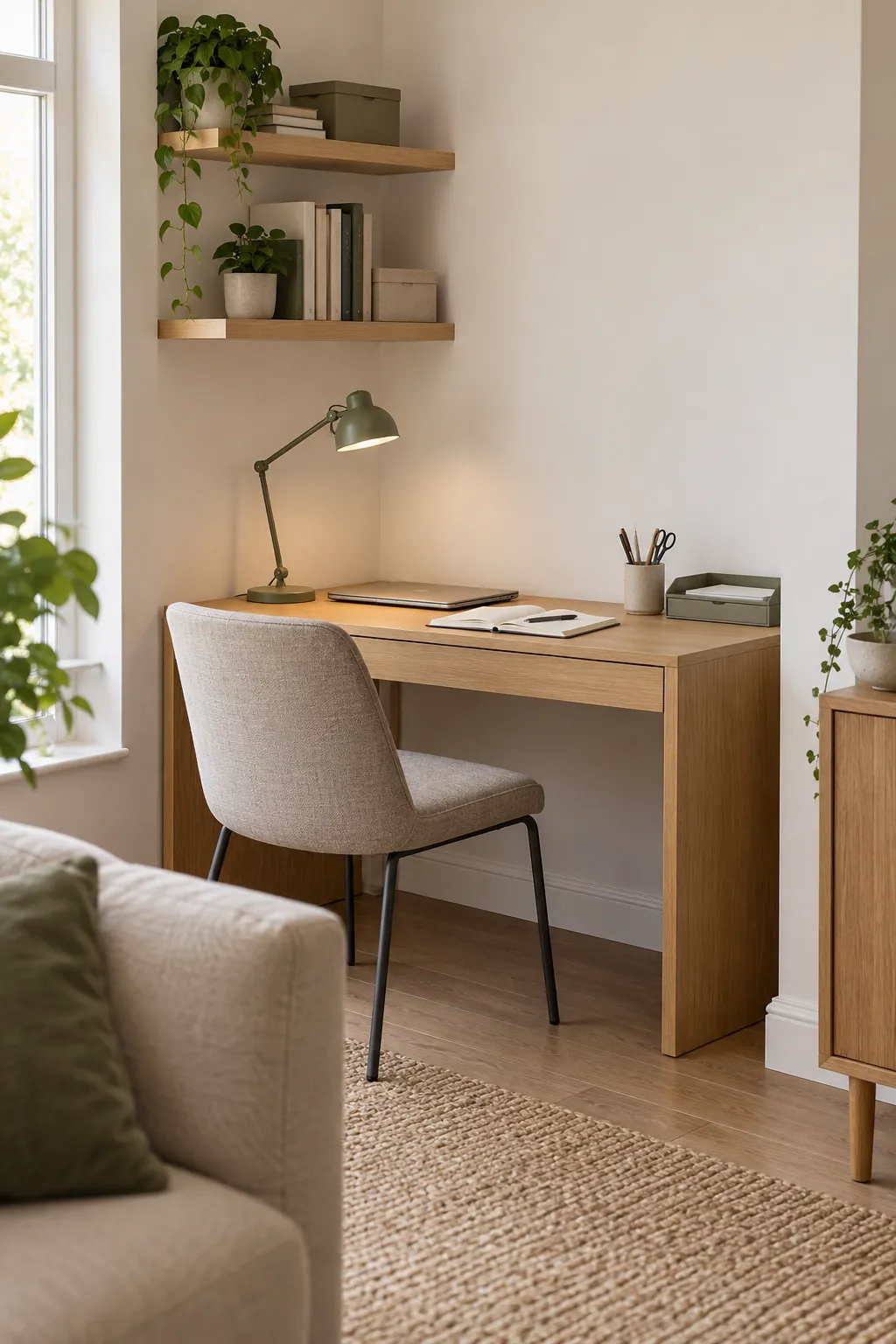 Organized small study area with a compact desk and vertical storage