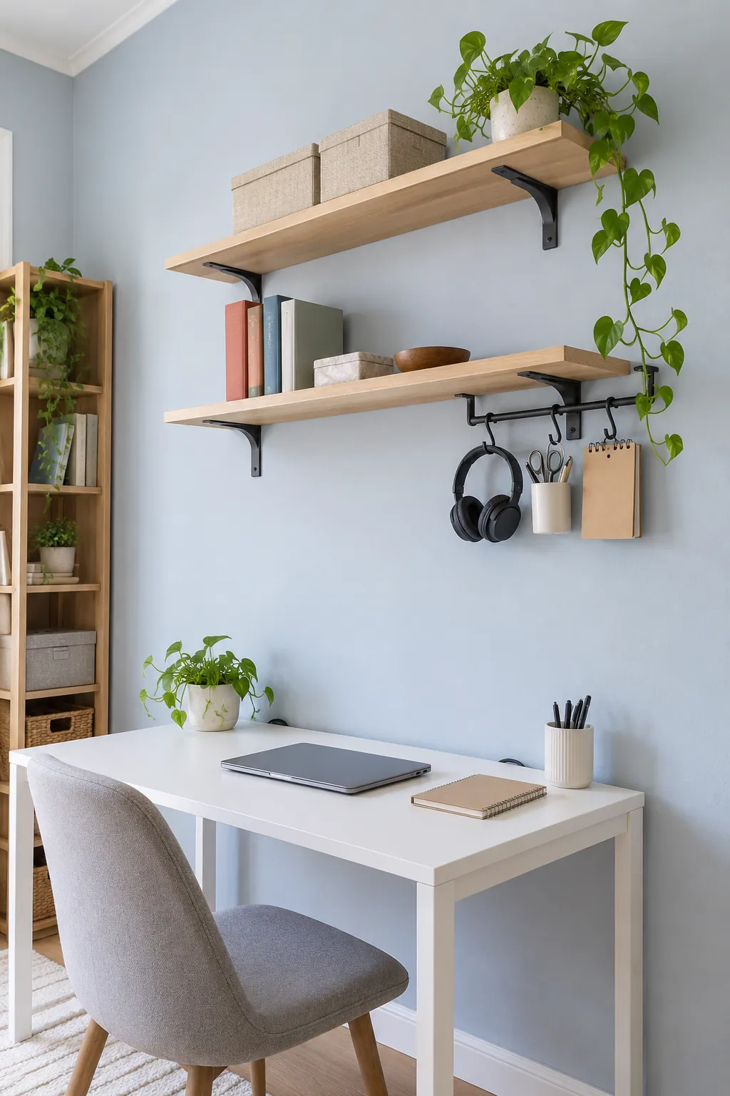 Wall shelves above a desk with organized study supplies and open space
