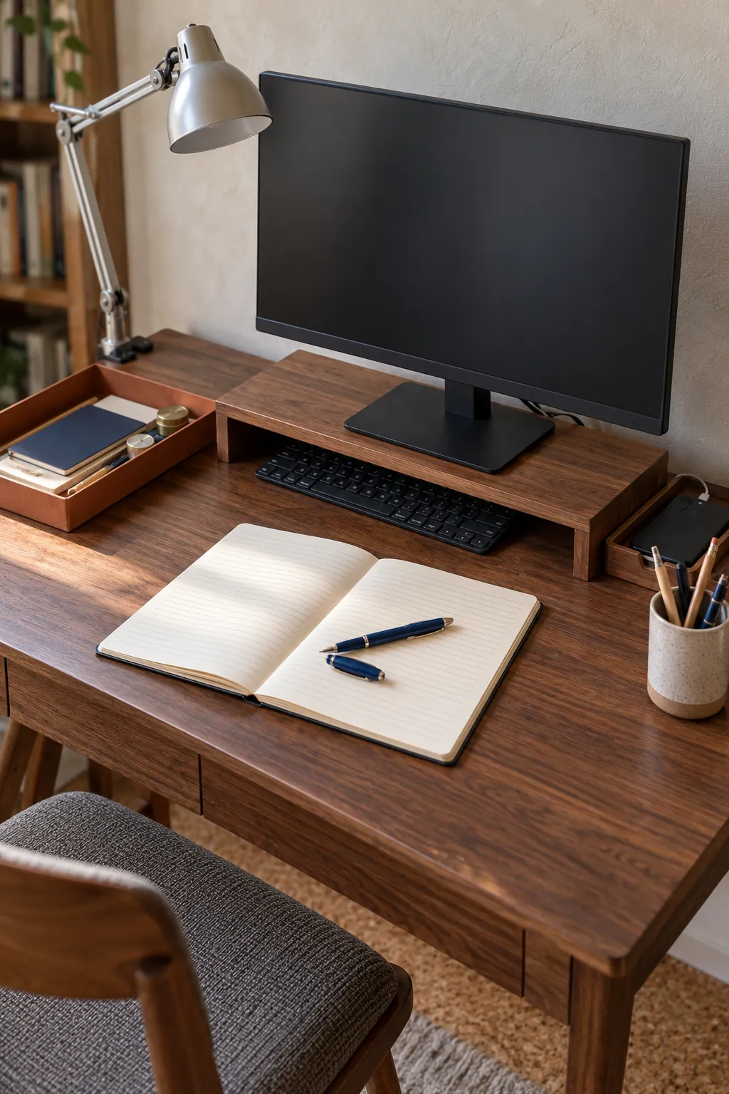 Minimal study space with a clear writing surface and compact monitor riser