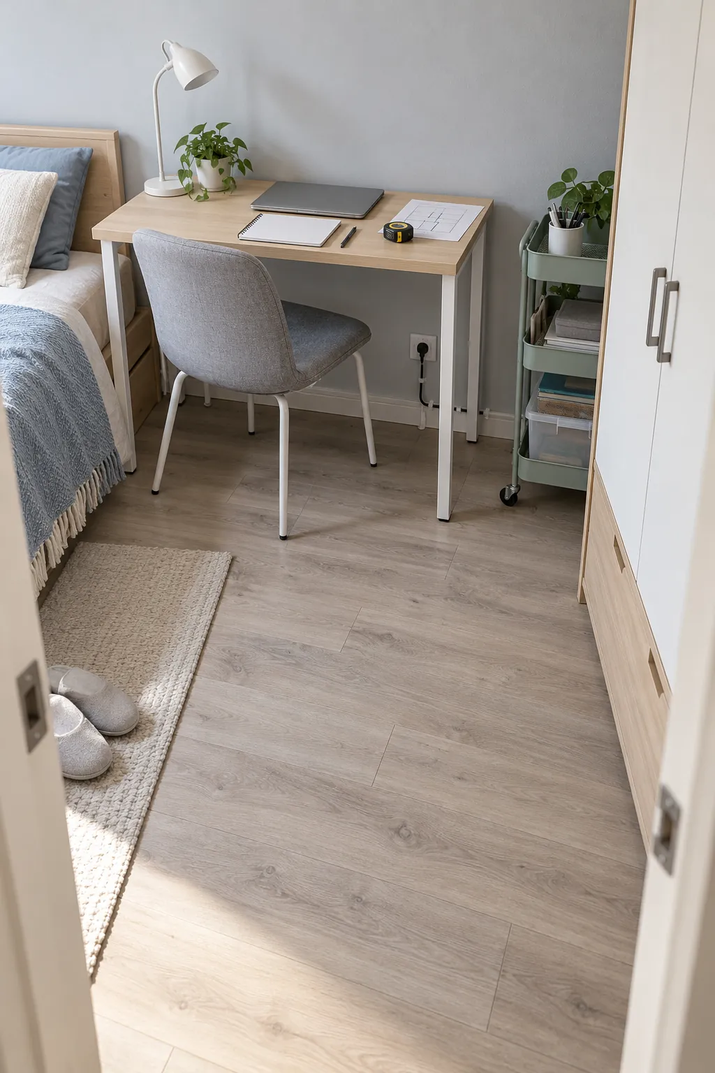 Compact desk fitted into a measured small room study corner