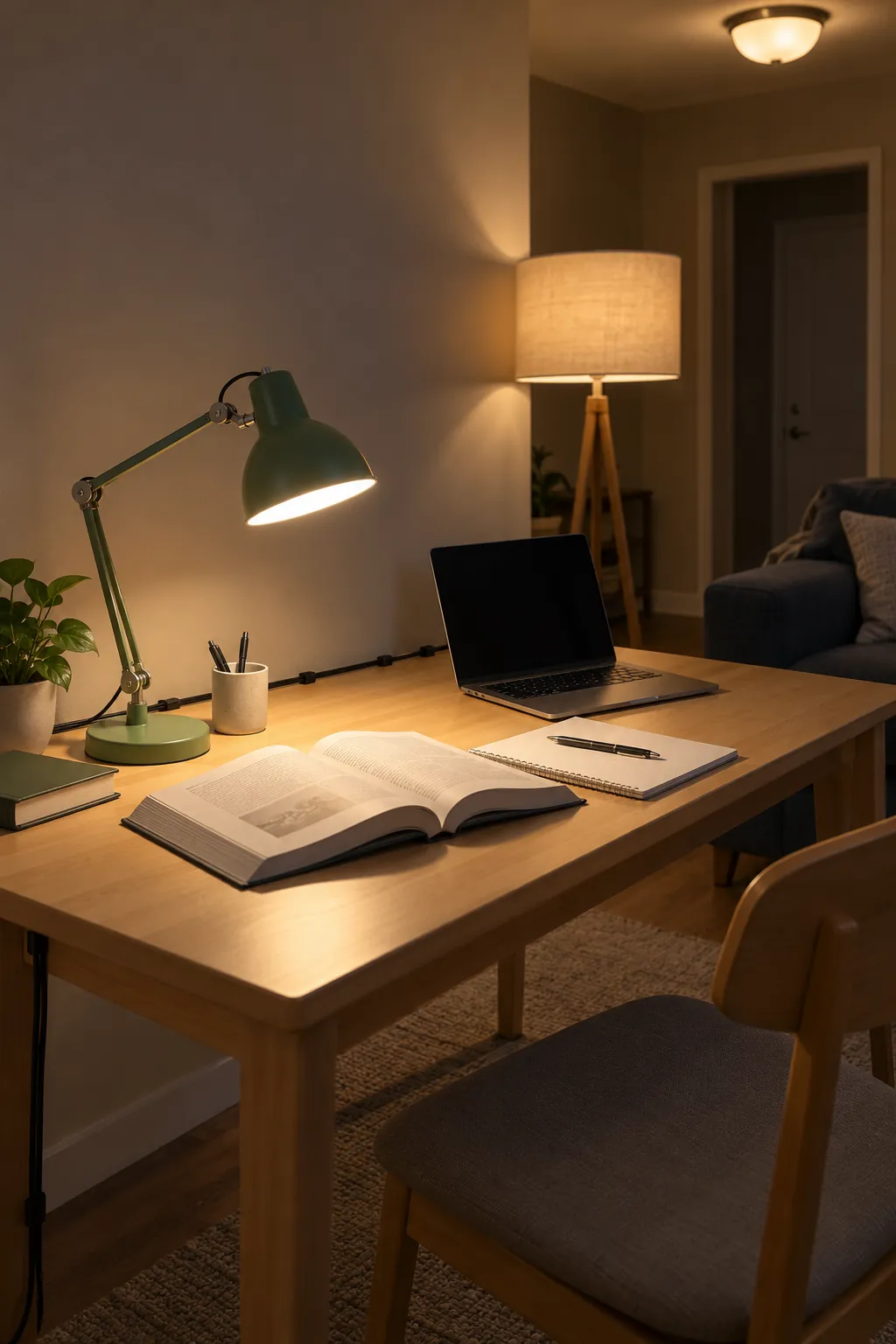 Small study nook with adjustable desk lighting and soft room light