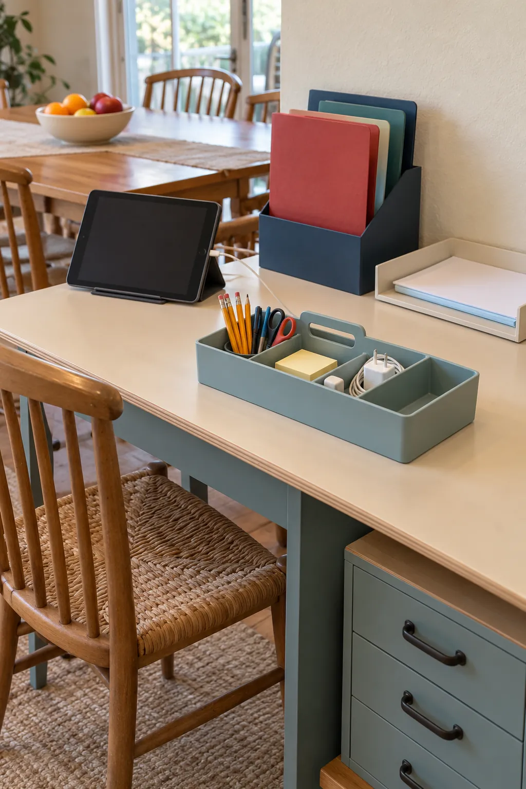 Homework station organization with labeled supply zones and compact containers