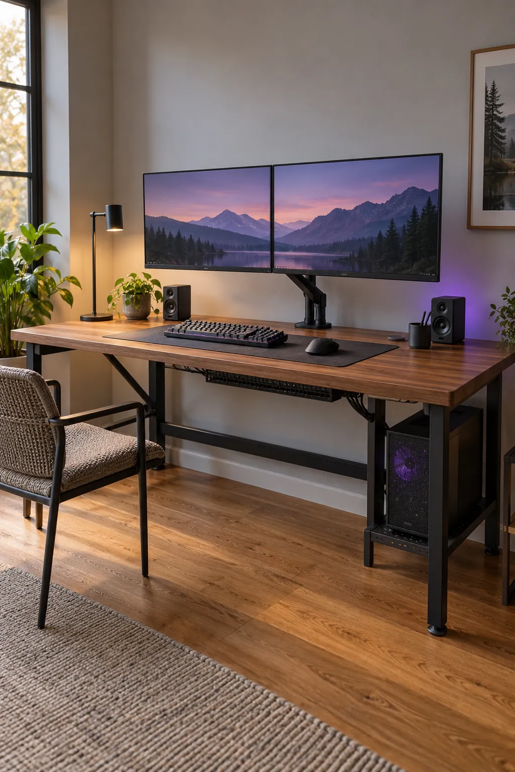 Custom wood gaming desk with dual monitors and tidy cables