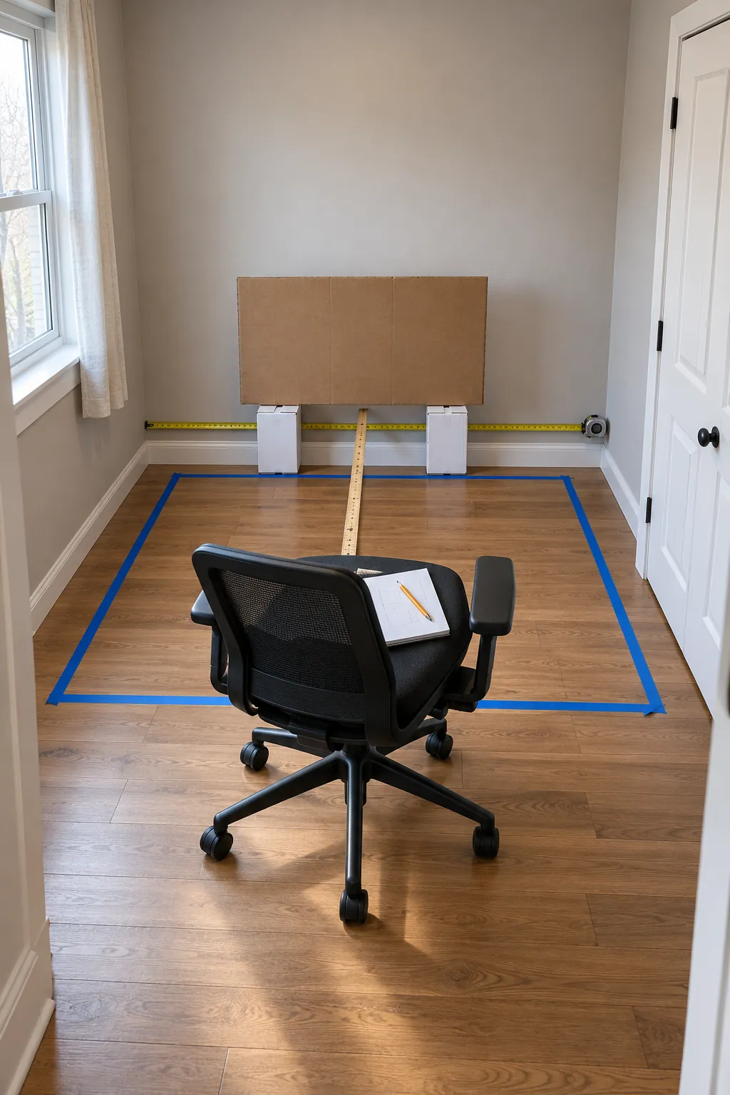 Tape outline and measurements for a DIY gaming desk in a small room