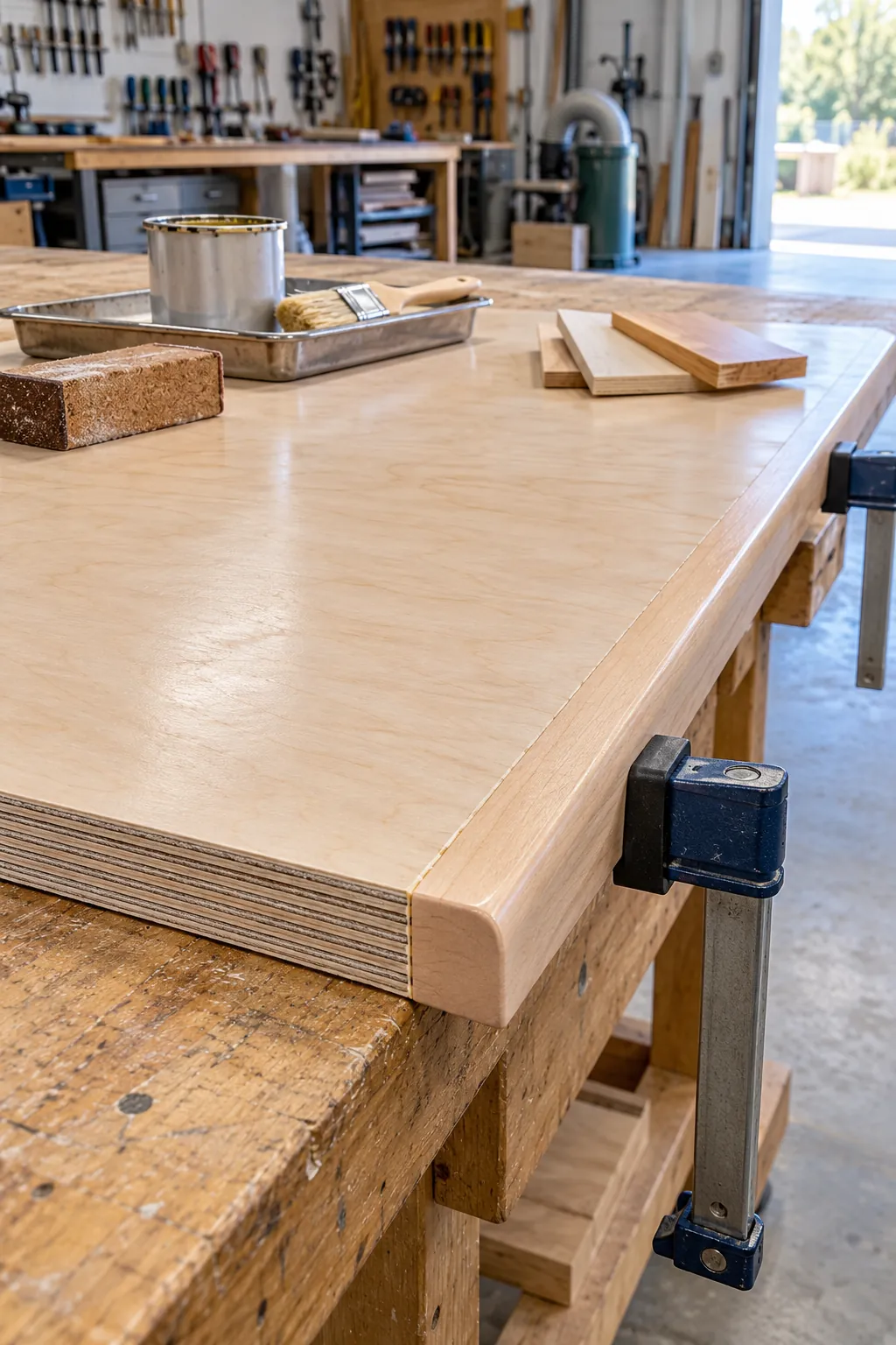 Plywood gaming desk top with hardwood edging on a workshop bench