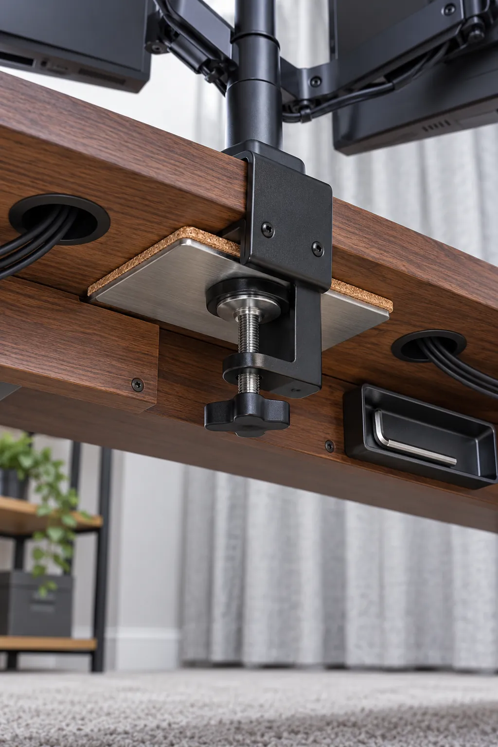 Reinforced monitor arm mount beneath a wood gaming desk
