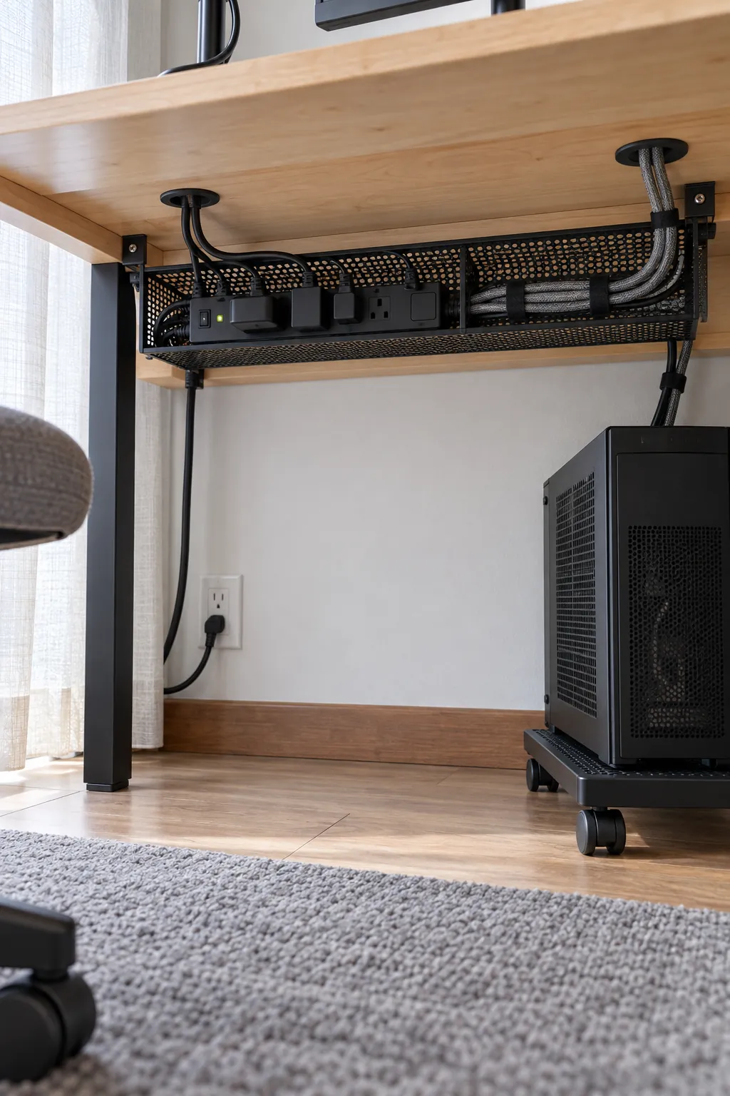 Accessible cable tray and power management beneath a gaming desk