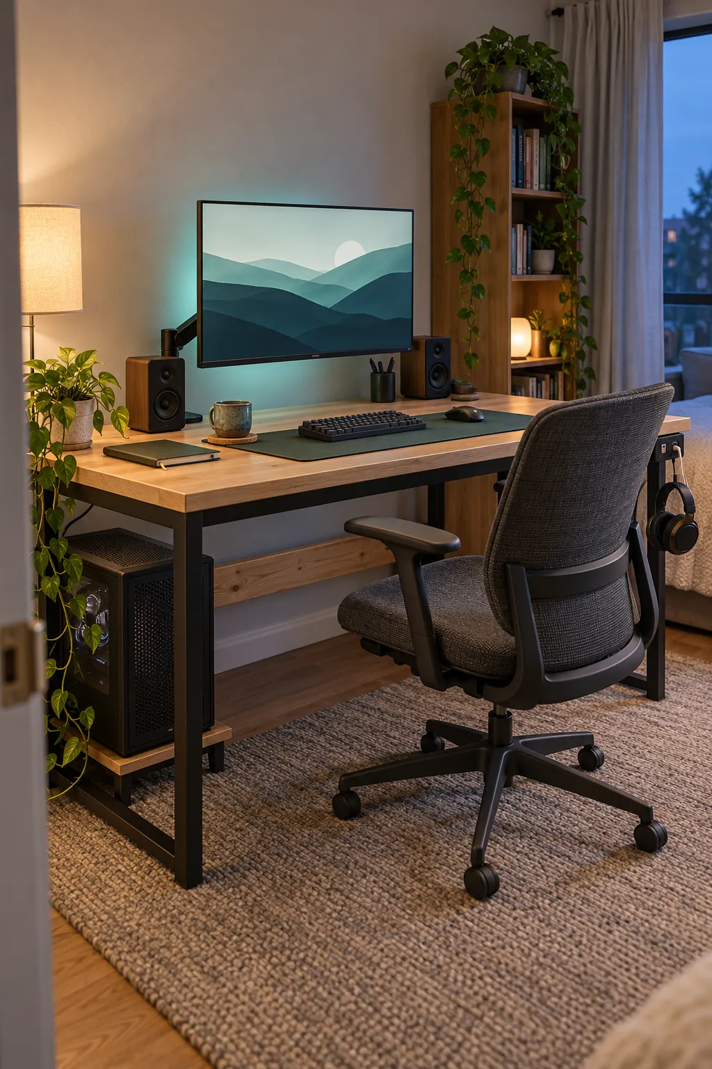 Finished DIY gaming desk with an organized computer setup
