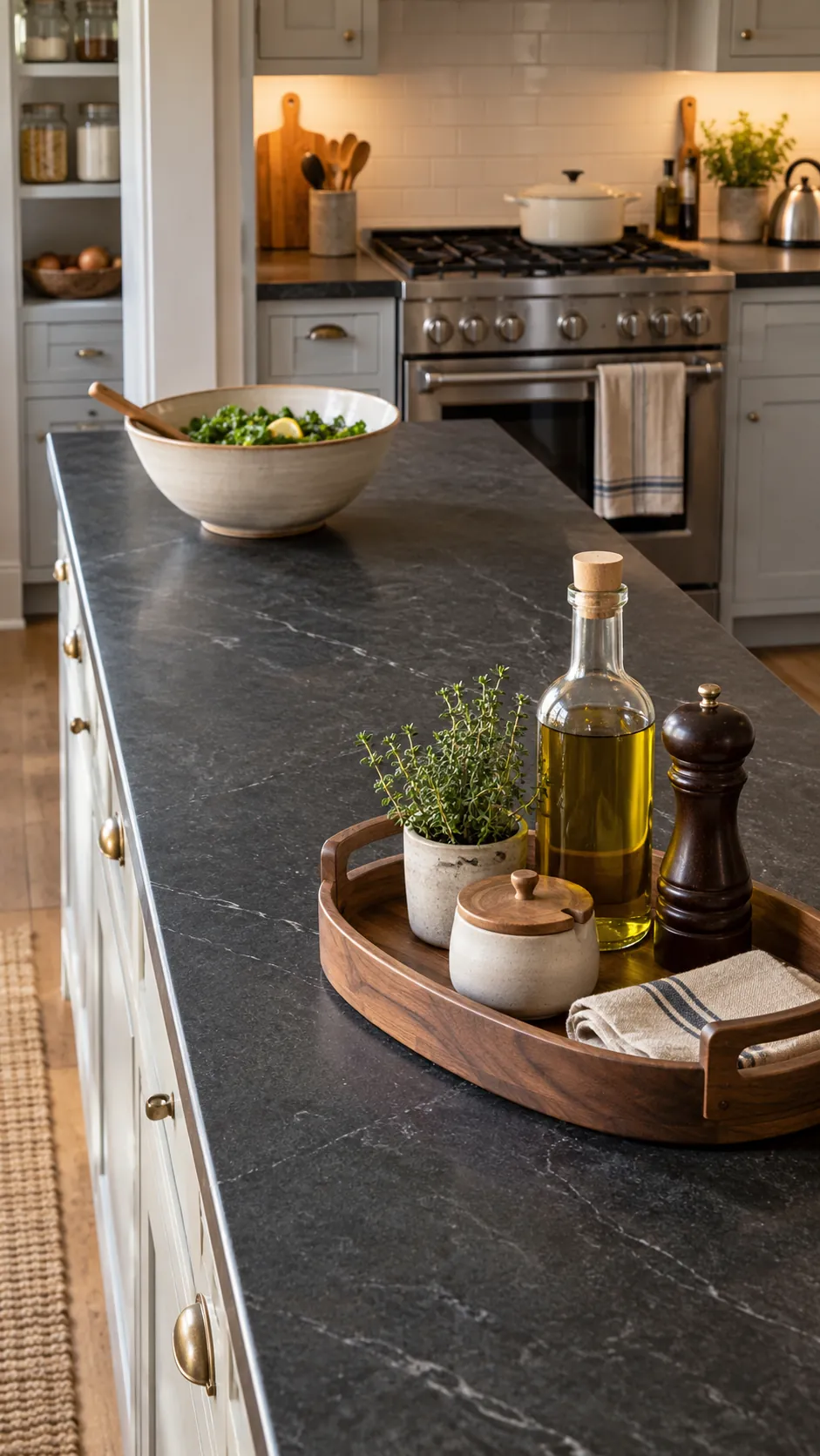 Functional kitchen island tray styling with cooking essentials