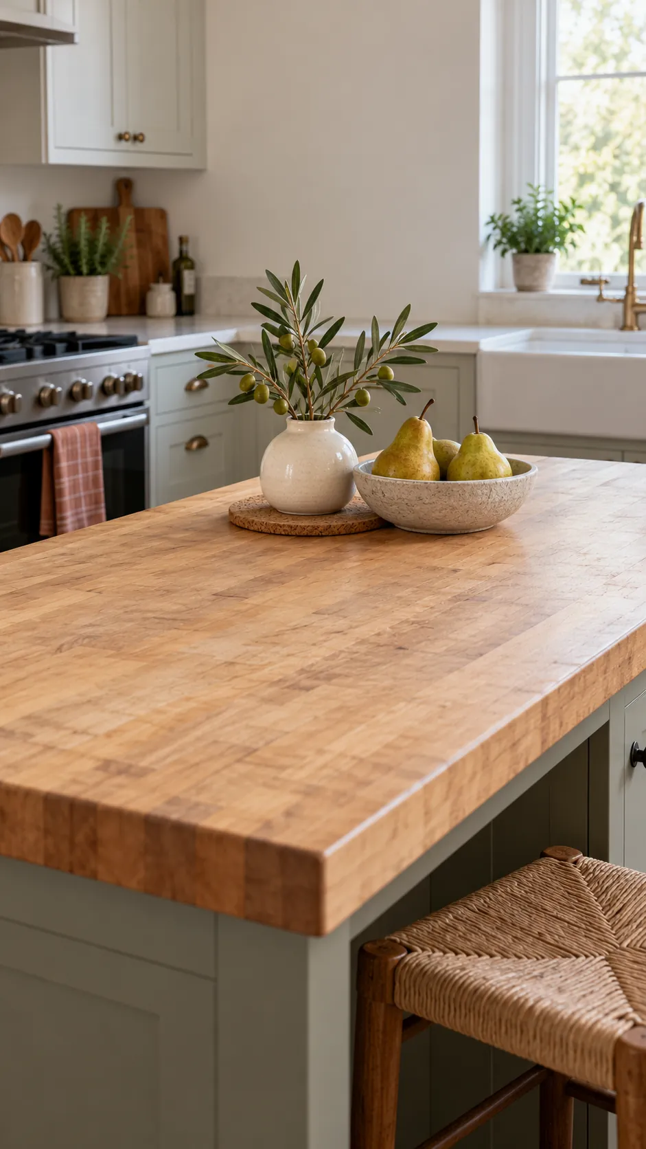 Compact island centerpiece with a small vase and open counter space