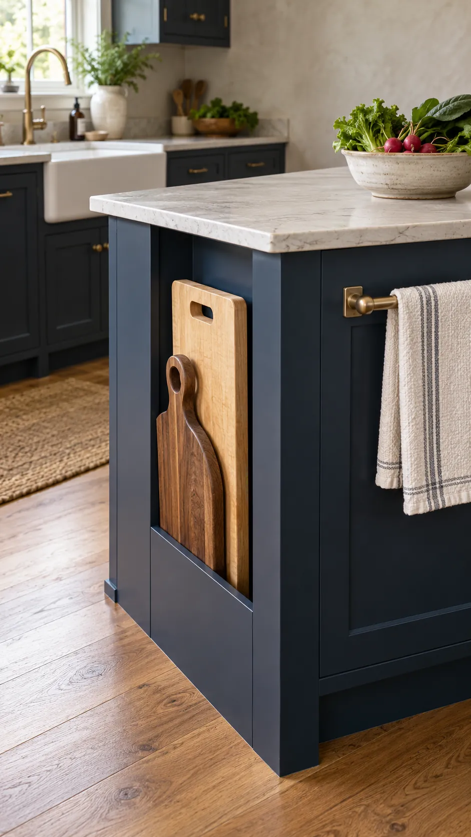 Stable cutting board display at the end of a compact kitchen island