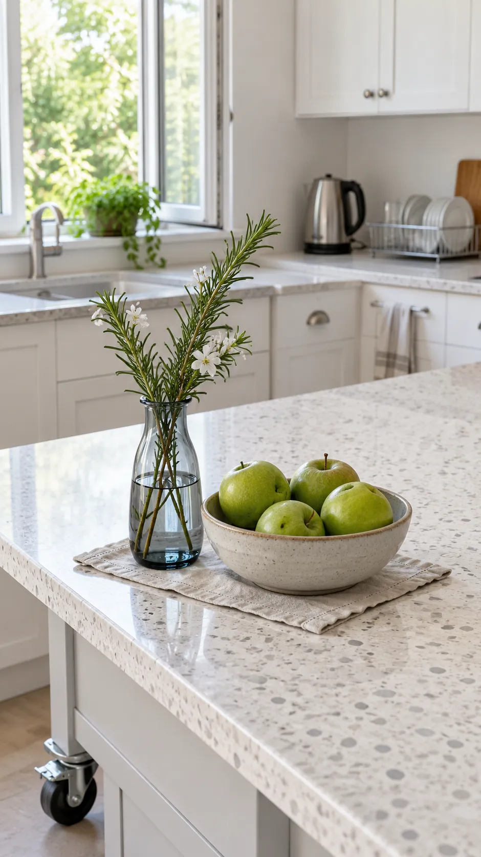Small vase kitchen decor used as a low living island accent