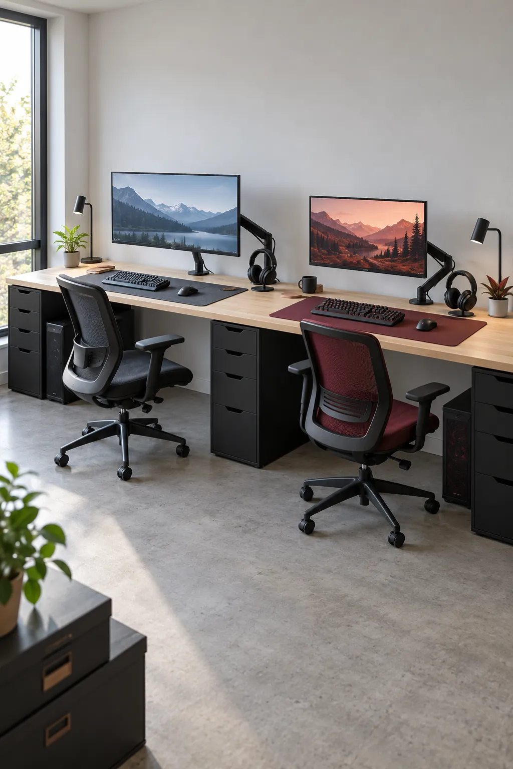 Two defined gaming desk zones on one long desktop