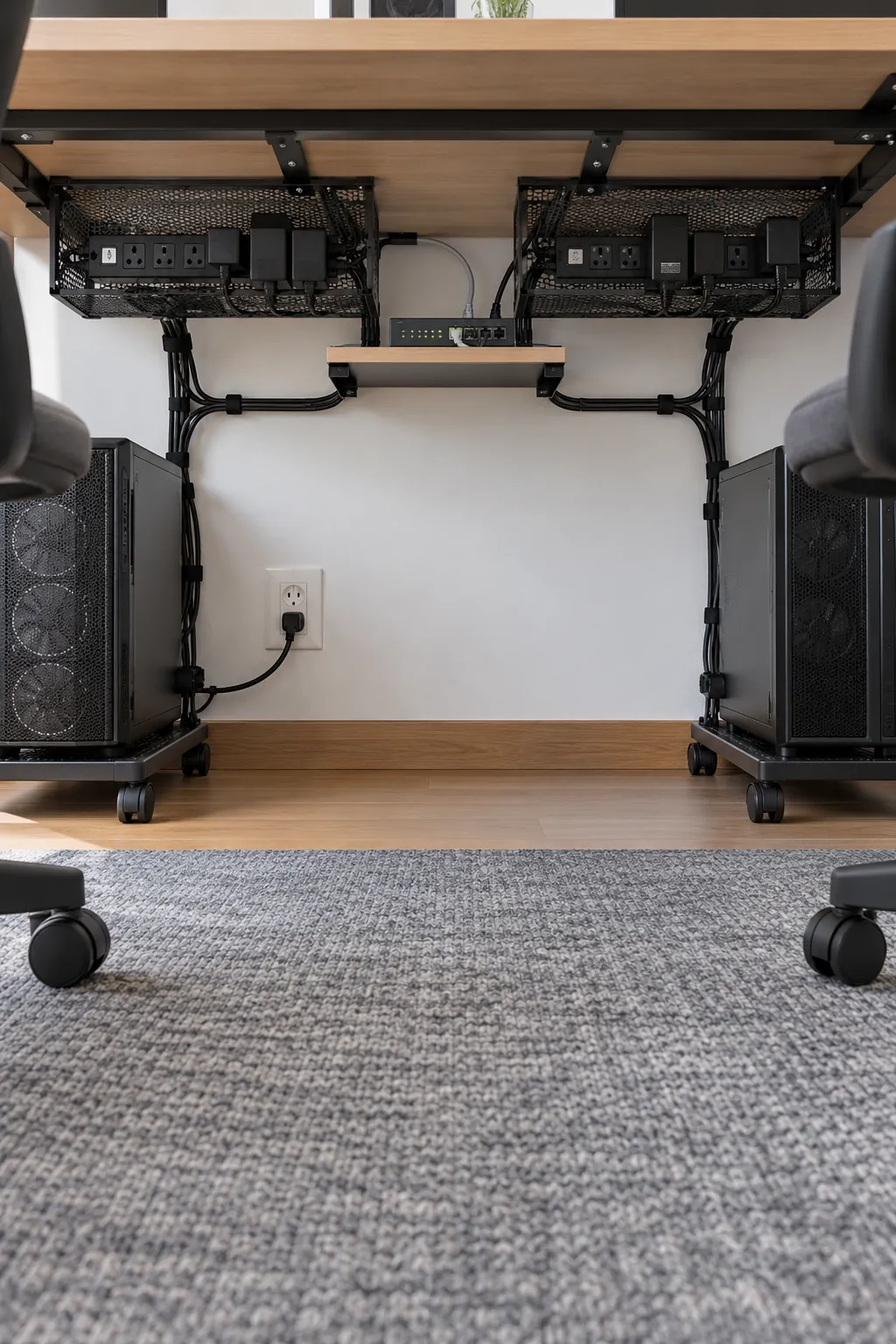 Separate cable trays and computer ventilation for a double gaming setup
