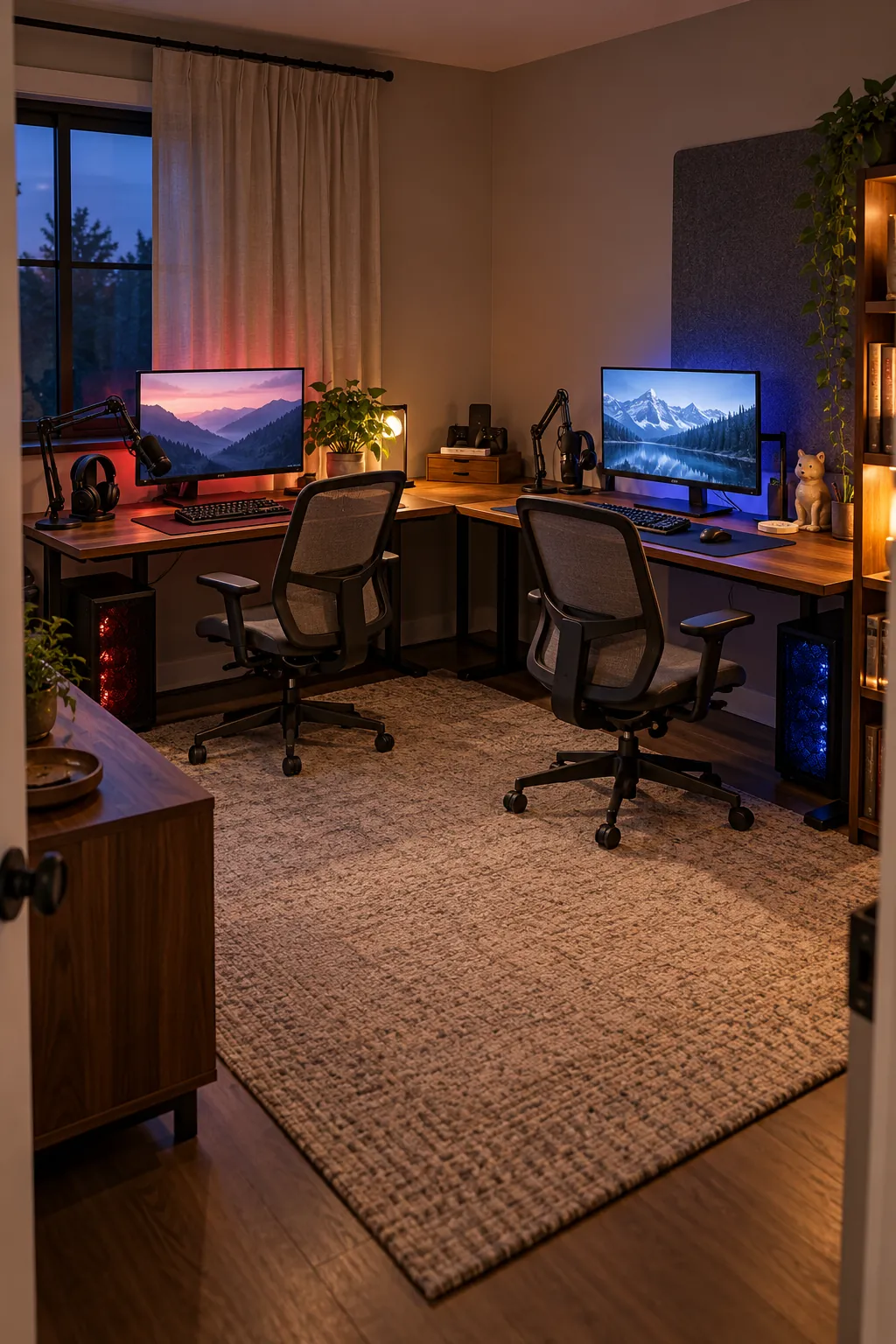 Finished dual gaming setup with coordinated but personal desk zones