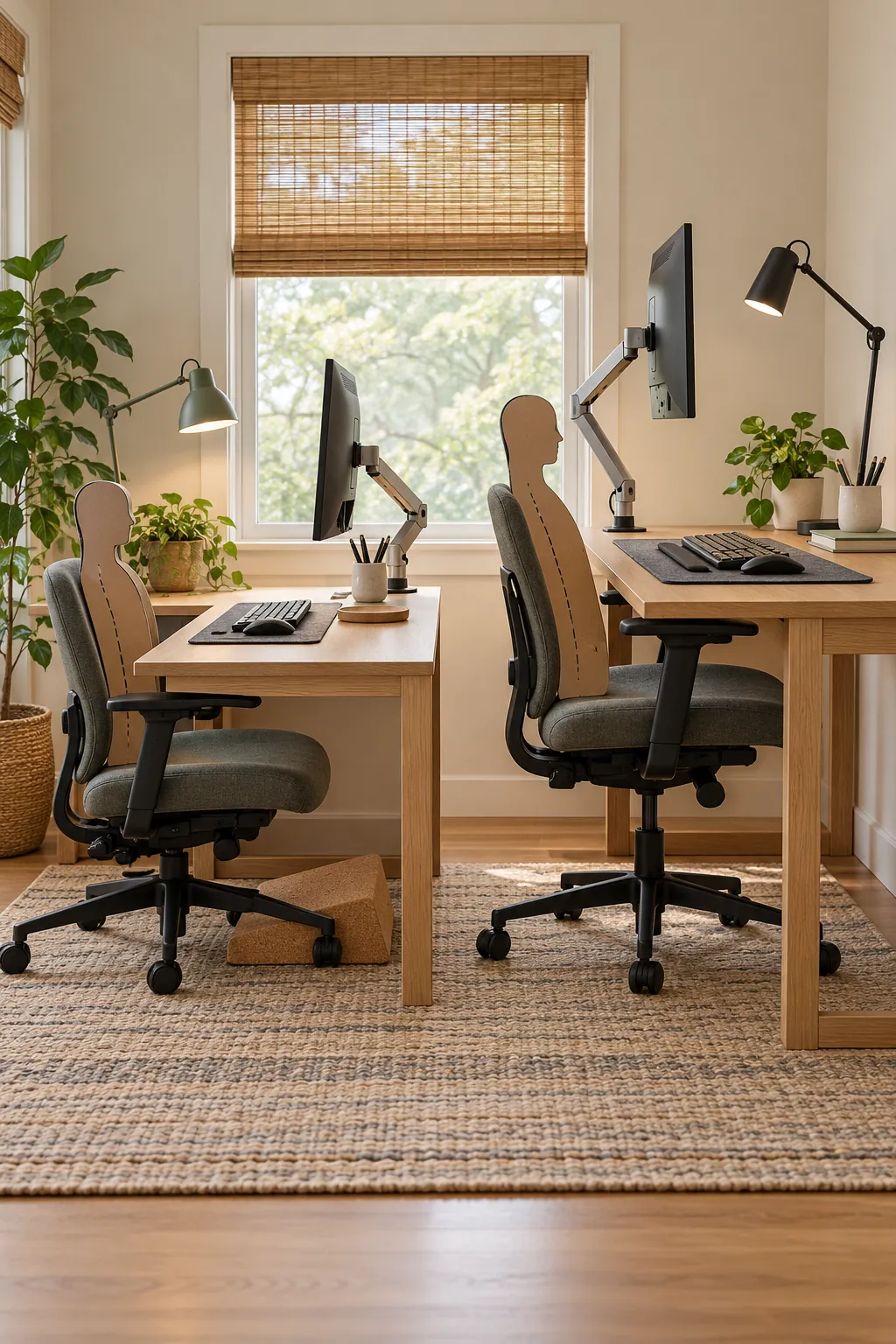 Different ergonomic adjustments at two coordinated gaming desks