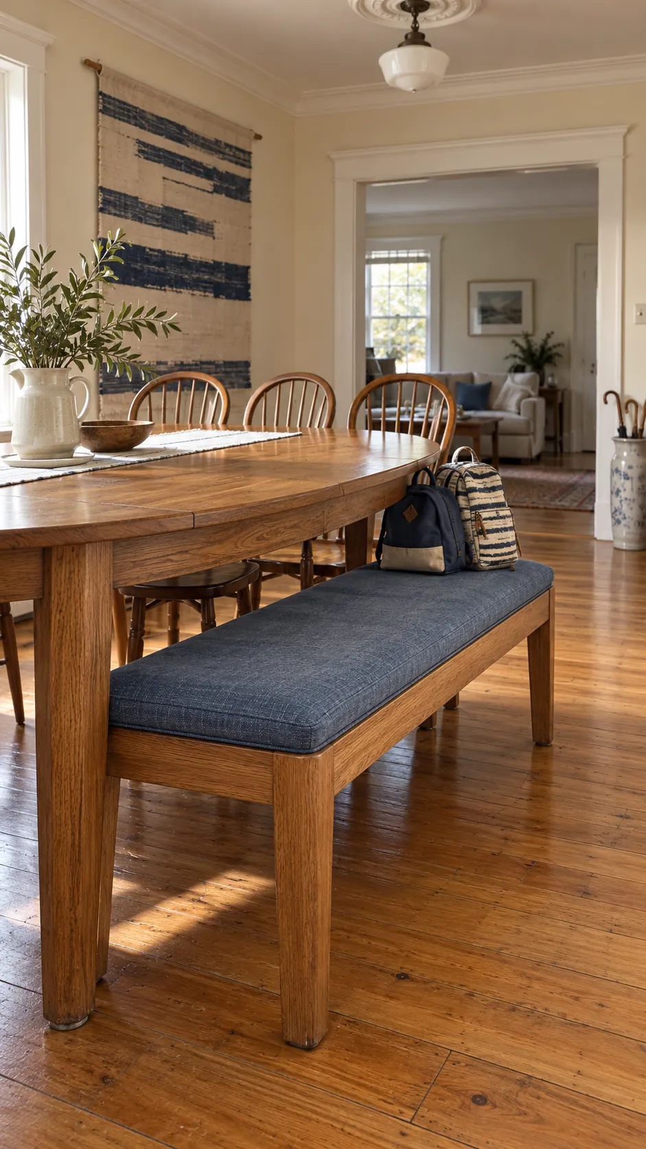 Dining room with a practical upholstered bench for flexible family seating