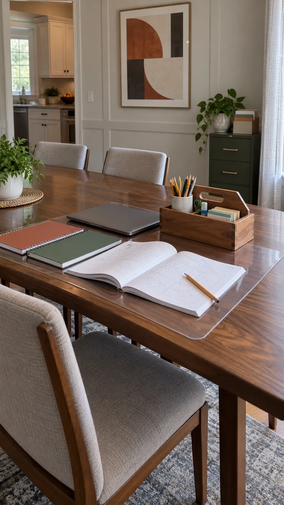 Formal dining room table arranged as a tidy family homework zone