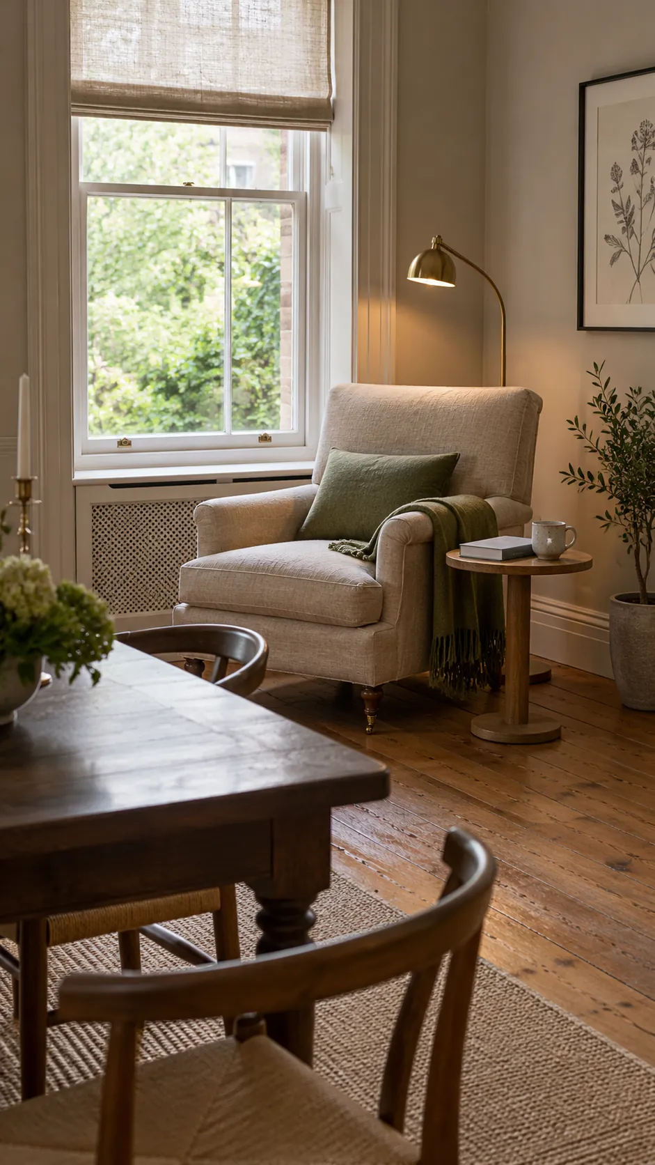 Warm reading corner beside a formal dining table