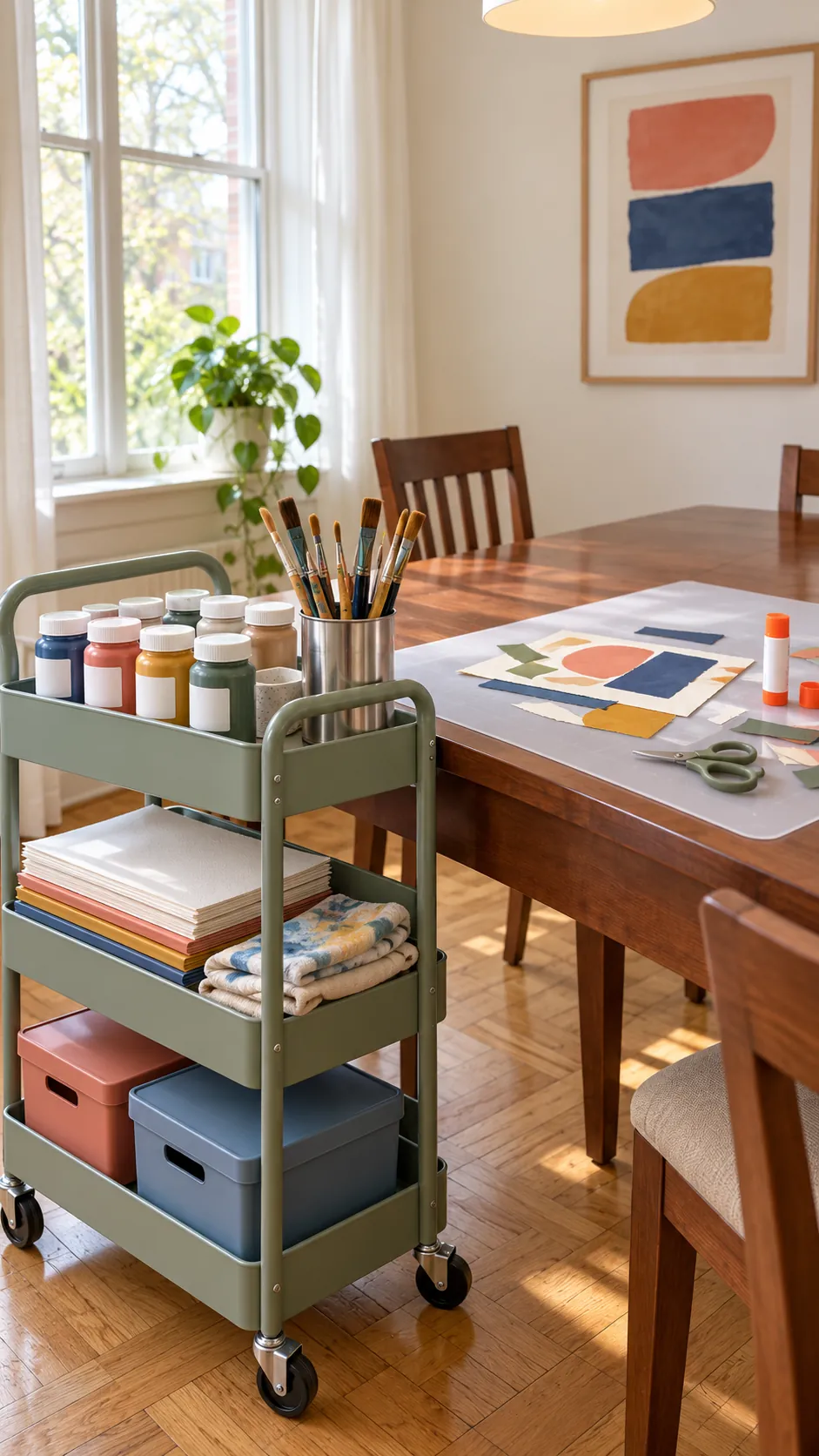 Formal dining room with a compact rolling family art station