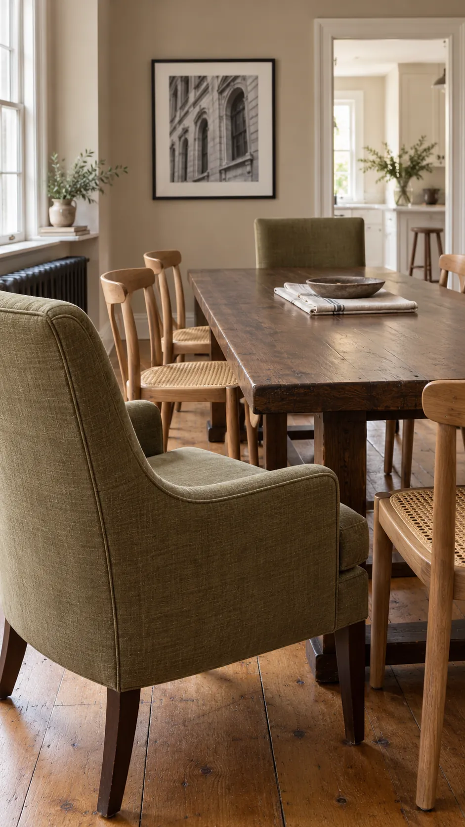 Comfortable mixed dining chairs in a lived in formal room