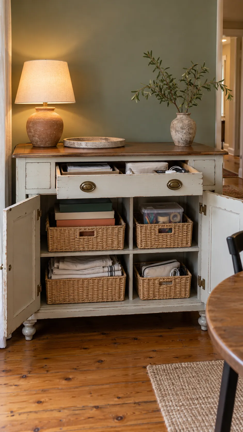 Dining room sideboard organized for games crafts and table linens