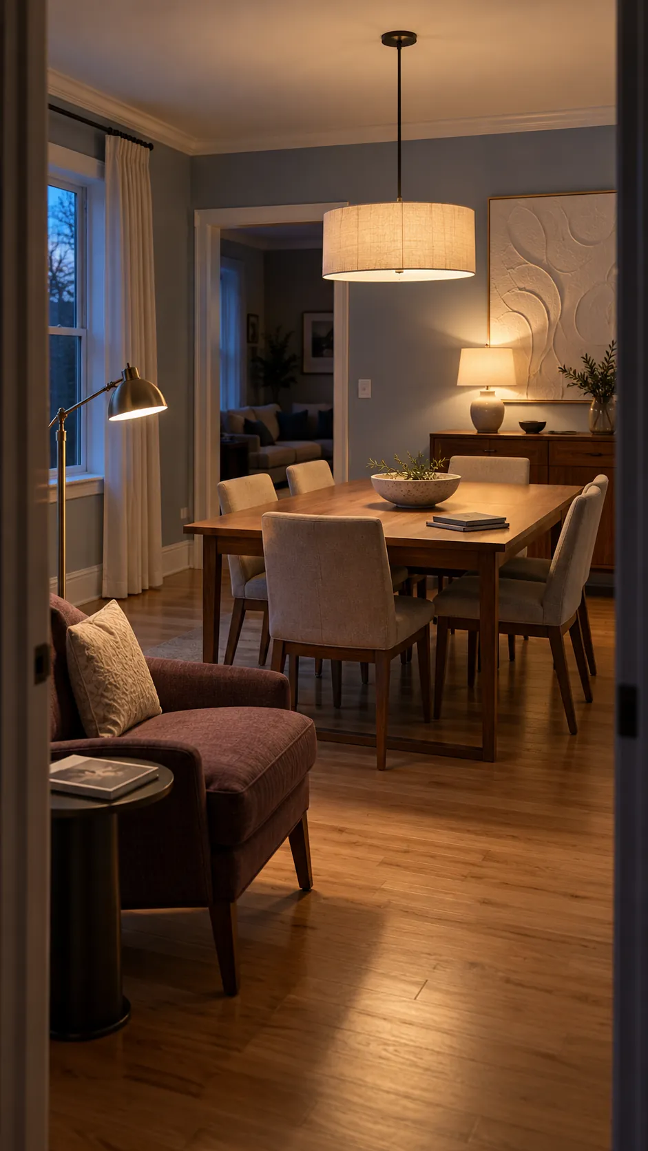 Dining room with layered pendant sideboard and floor lighting