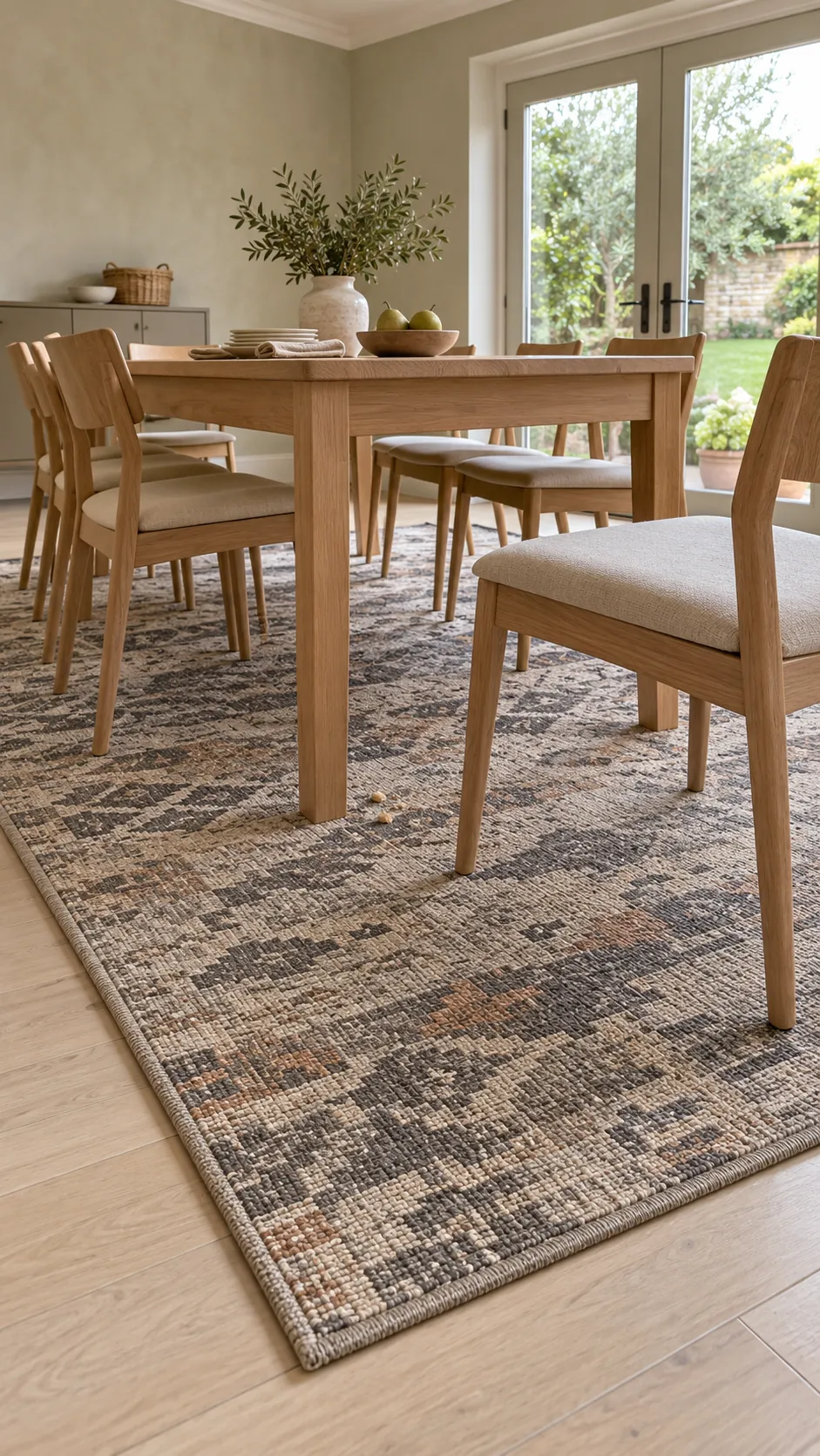 Family dining room grounded by a practical patterned low pile rug