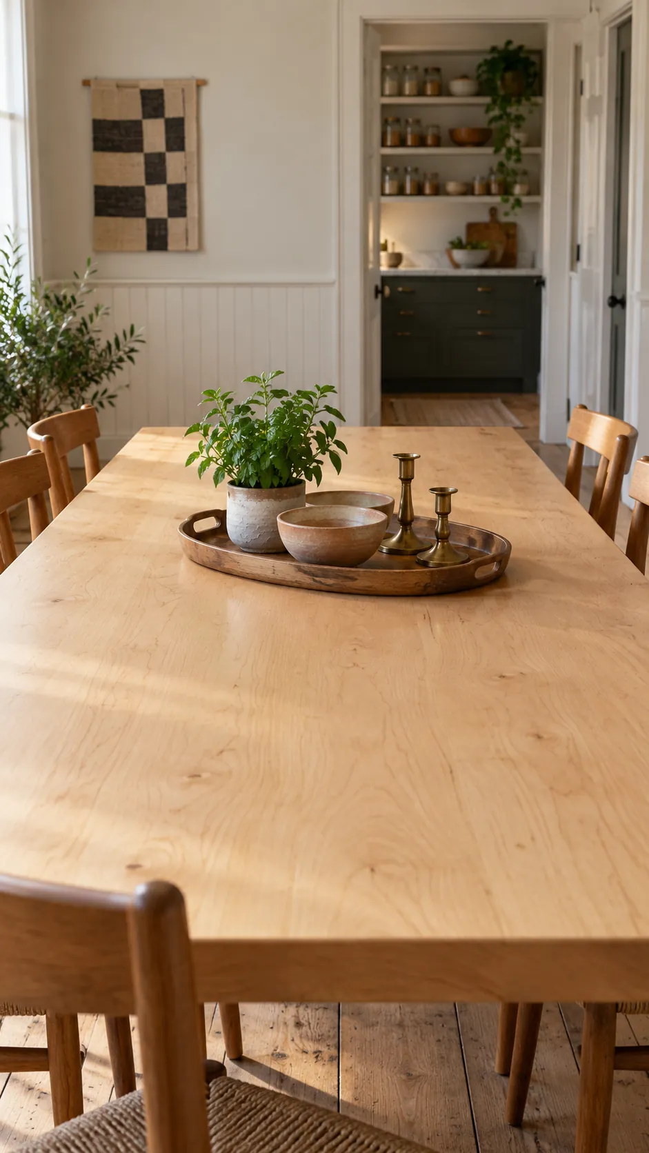 Dining table with a low movable centerpiece on a simple tray