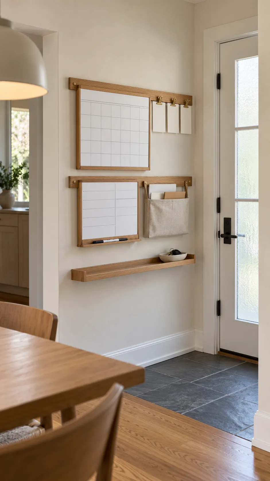 Organized family planning wall in a multipurpose dining room