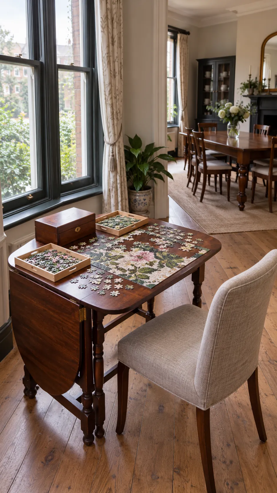 Multipurpose dining room with a compact puzzle table near the window