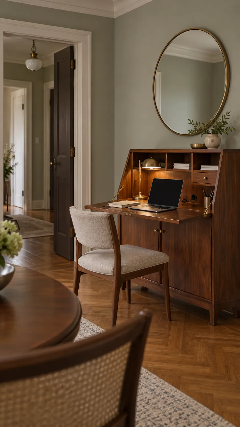Formal dining room with a compact quiet writing desk