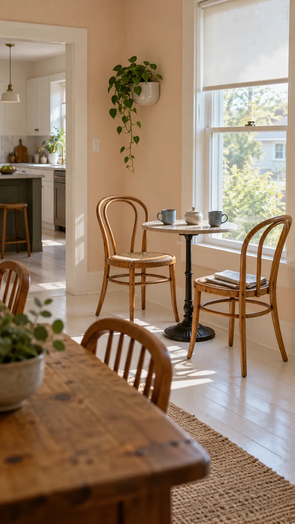 Sunny dining room window corner arranged for morning coffee