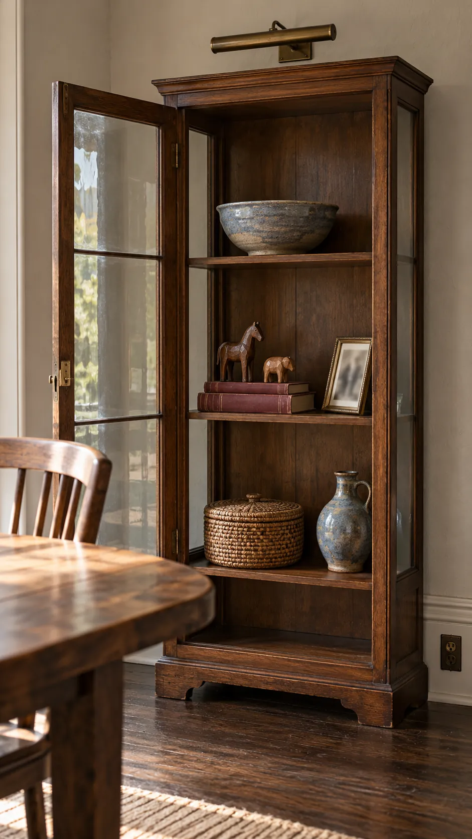 Dining room display cabinet with restrained meaningful family objects