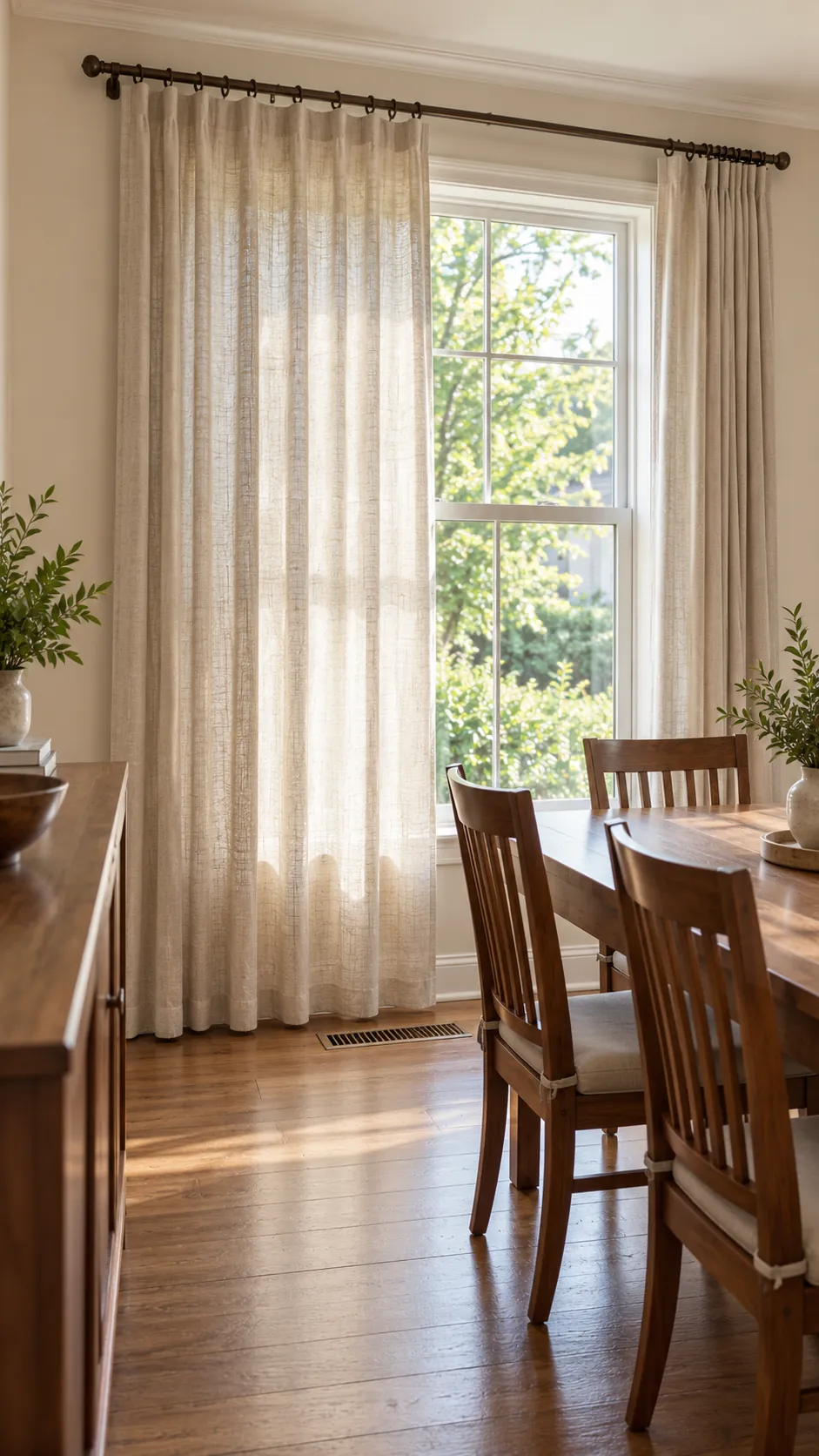 Formal dining room softened with full length natural fabric curtains