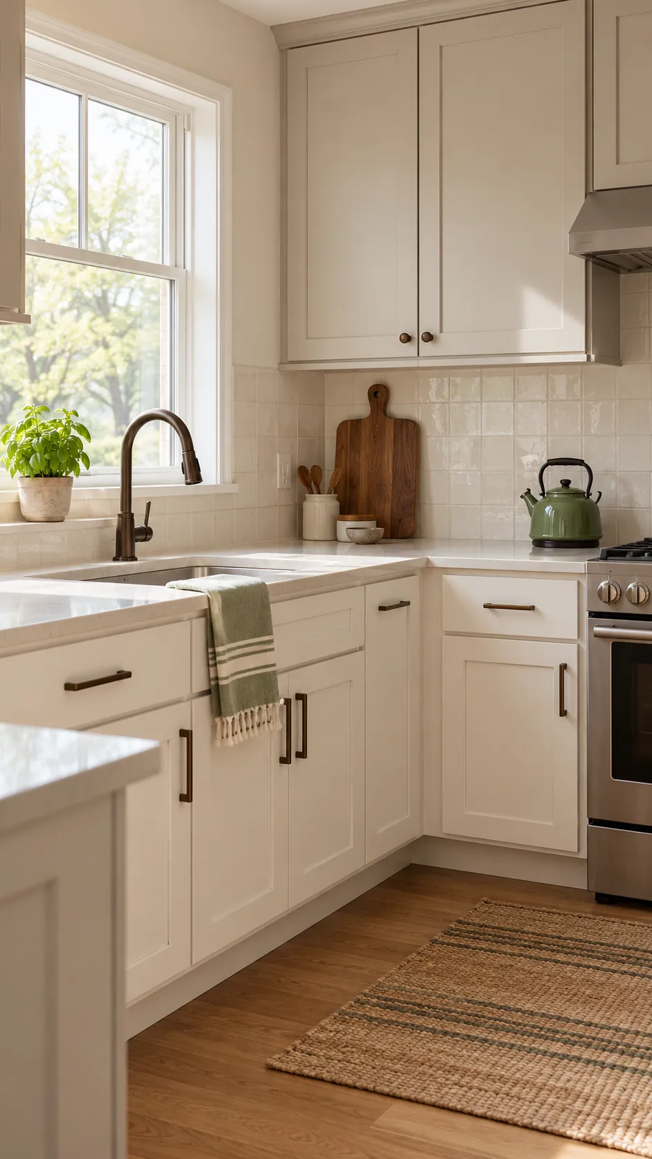 Light kitchen color palette with restrained wood and green contrast