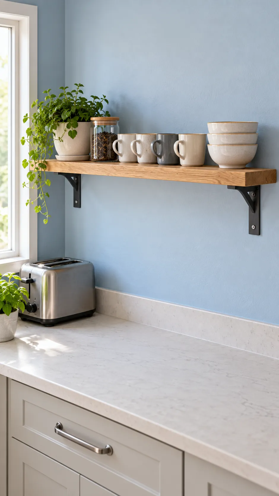 Open shelf kitchen decor with daily cups bowls and clear spacing