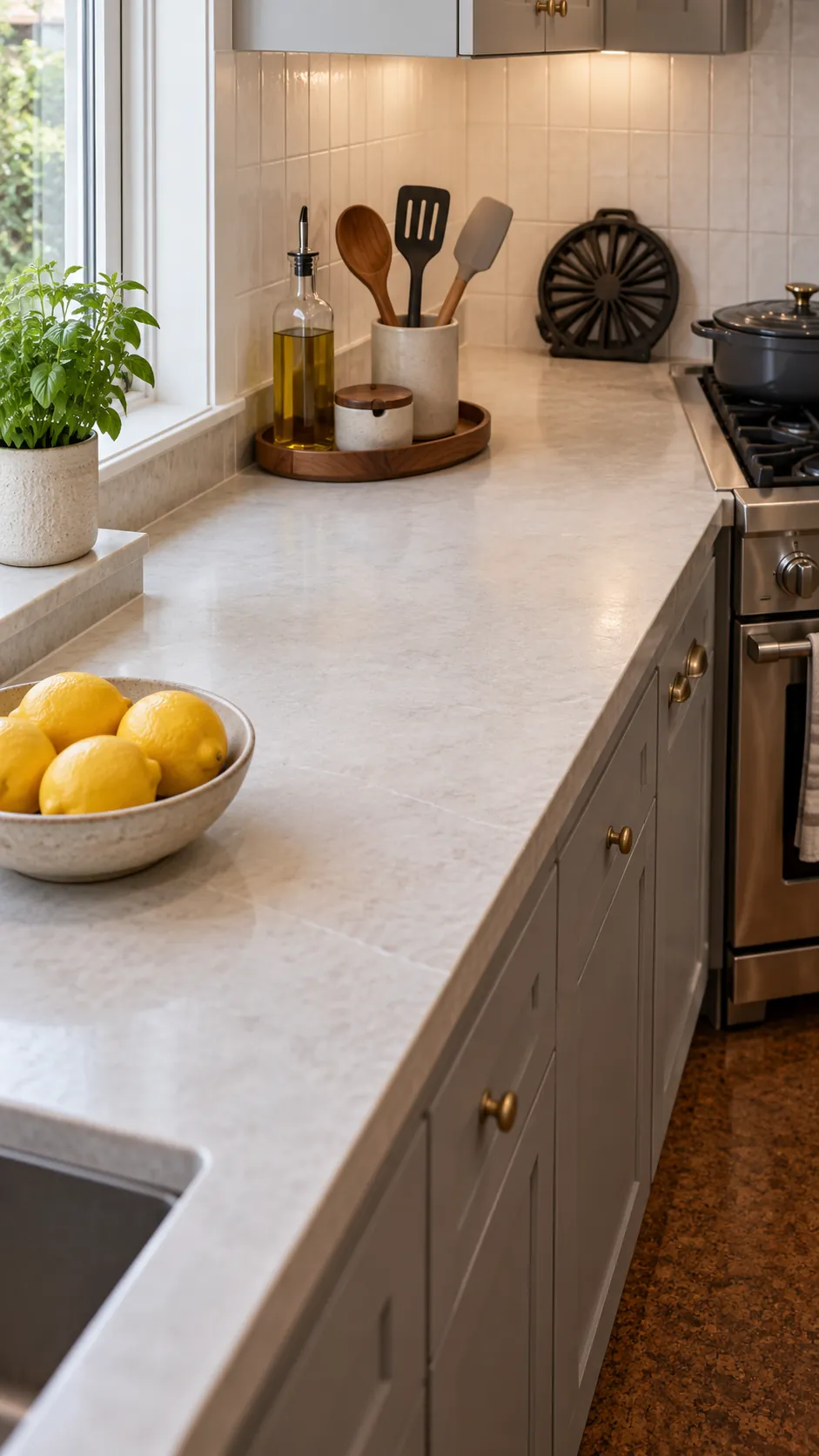 Minimal countertop styling arranged in a compact movable tray