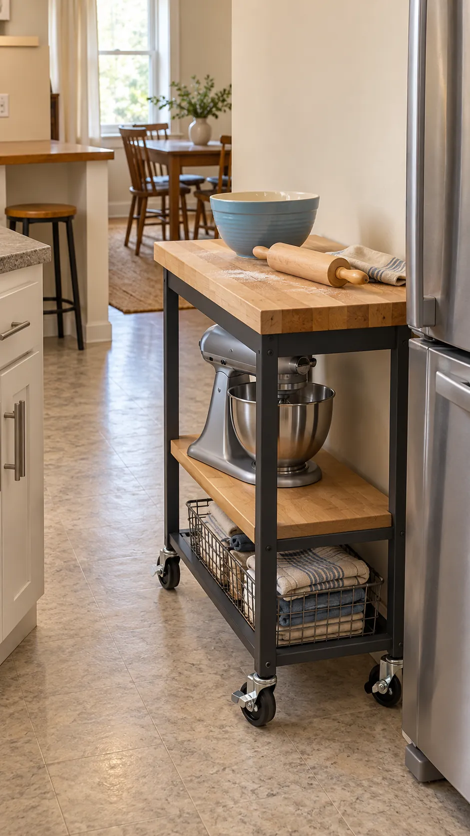 Compact kitchen furniture with a narrow movable baking cart