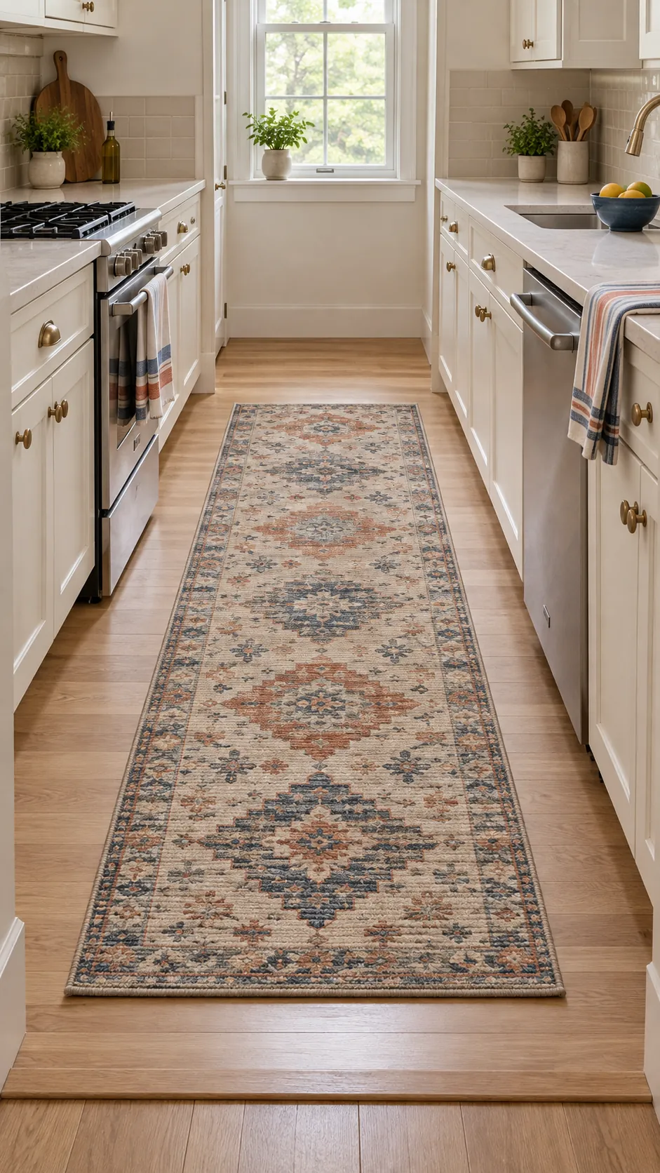Cozy small kitchen with a flat washable runner and clear counters